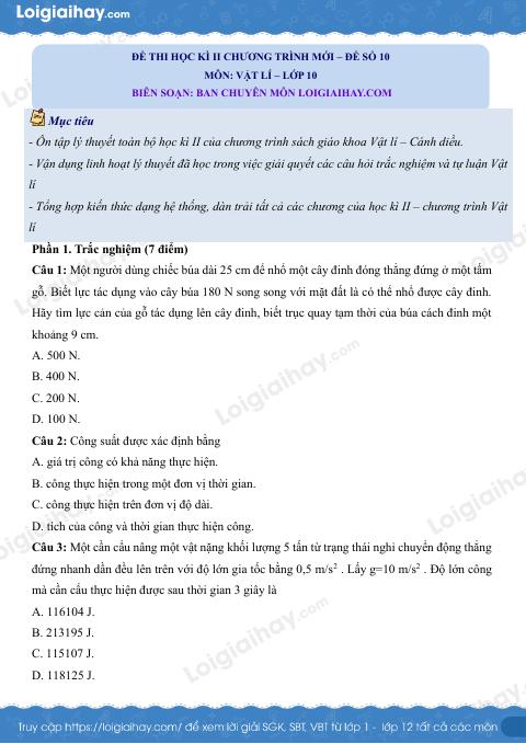 Đề thi học kì 2 Vật lí 10 Cánh diều - Đề số 10